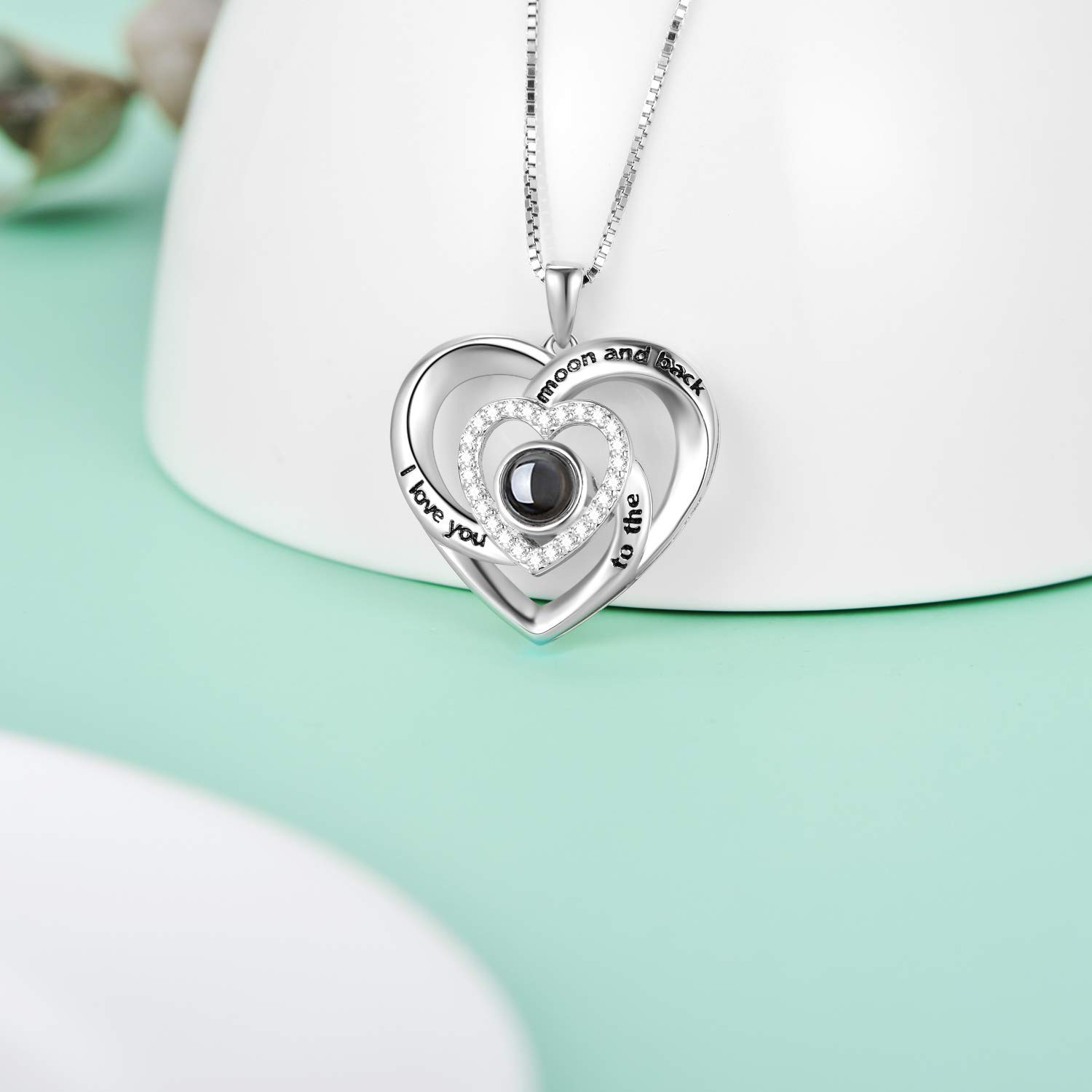 LONAGO Naszyjnik 'I Love You' 100 języków, srebro wysokiej próby 925, projekcja miłości, naszyjnik dla kobiet, mamy, 22mm*23mm, Srebro szterlingowe, Cyrkonia sześcienna