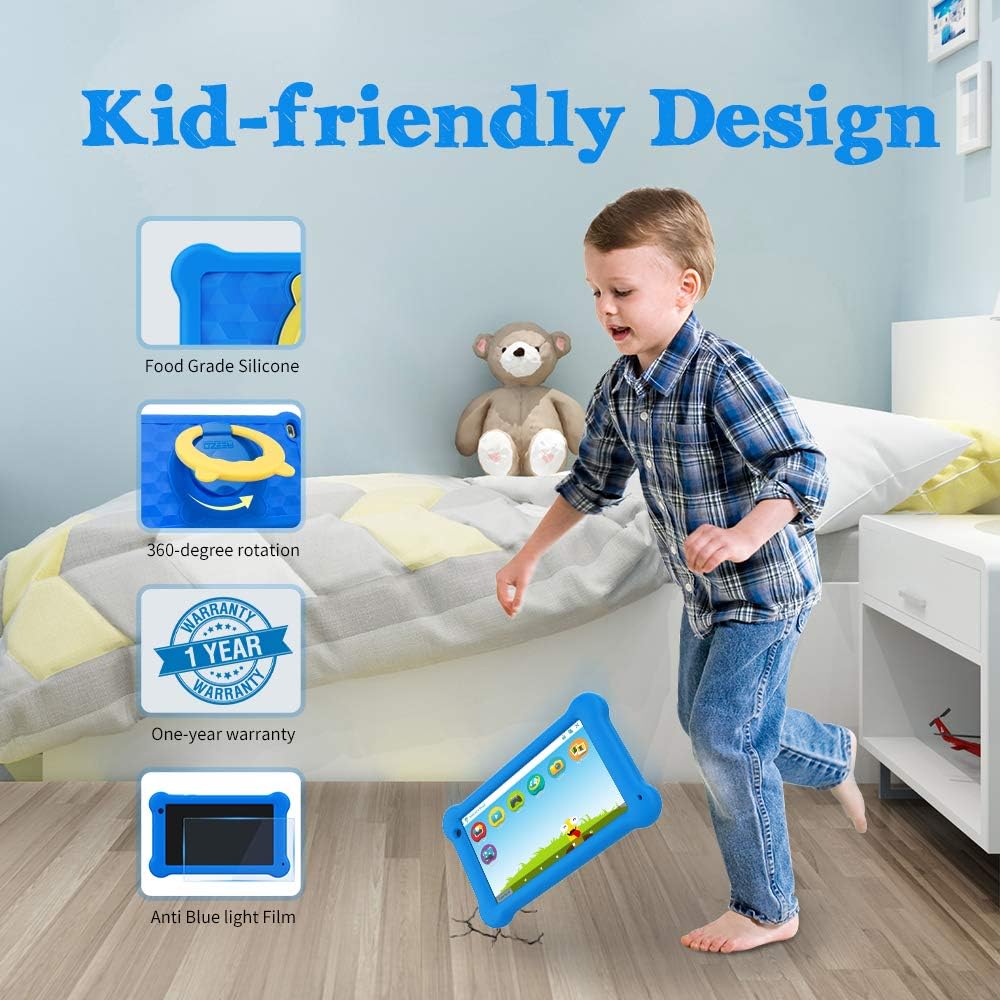 A young boy playing with the AEEZO Kids Tablet, with icons showing Food Grade Silicone, 360-degree rotation stand, 1 Year Warranty, and Anti Blue Light Film.