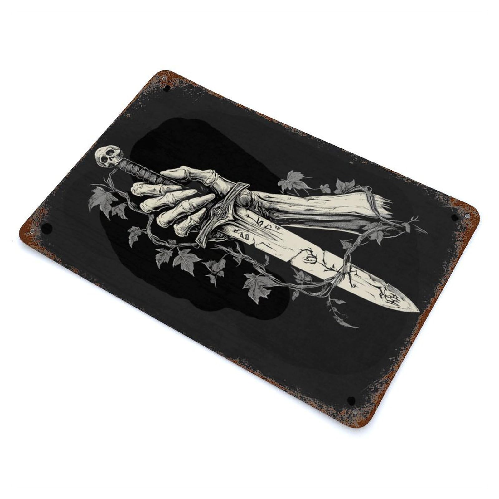 Gothic Skeleton Hand Holding Dagger Rustic Tin Plaque 11.8"x7.9", Ideal for Cafe, Home Bar And Lounge Decor