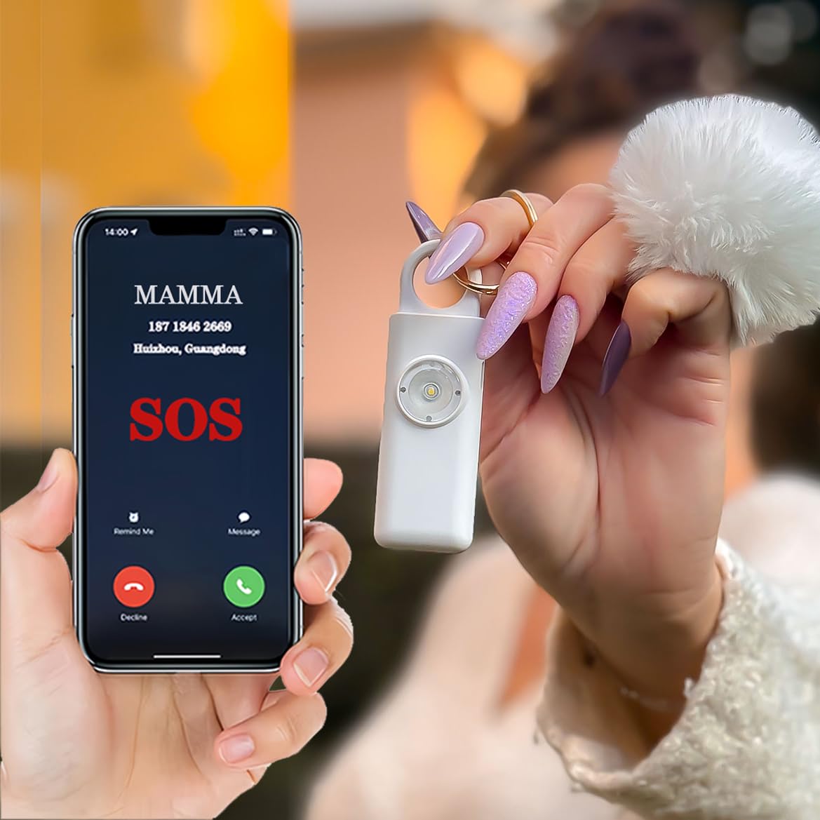 Porte-clés d'alarme anti-panique, dispositif anti-agression SOS appel automatique, envoi instantané position GPS, sirène 130 dB, défense personnelle et autodéfense pour femmes, enfants et personnes