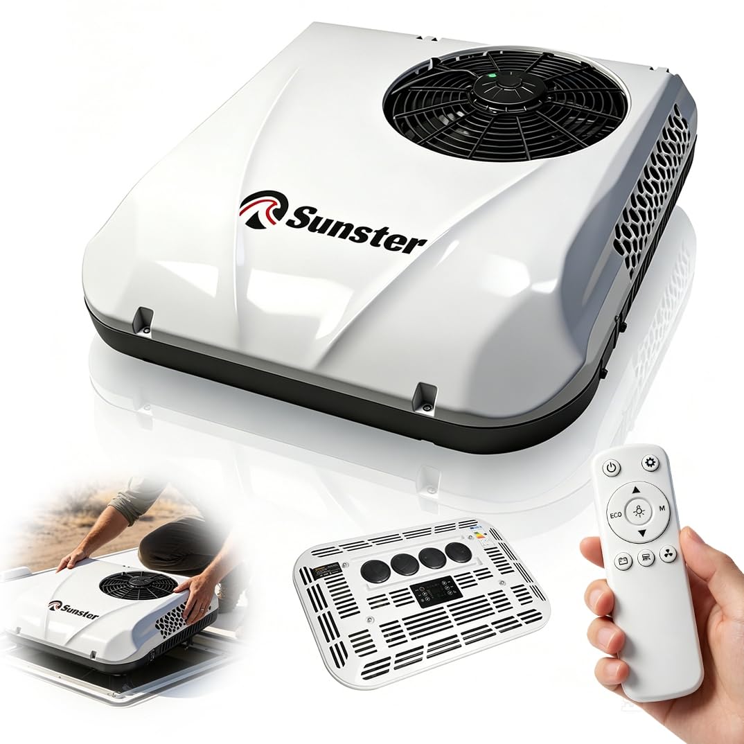Sunster 12V 6000BTU Klimaanlage Wohnwagen, Dachklimaanlage für Wohnmobil, Effiziente Kühlung, Mehrere Modi, Niederdruckschutz, für PKW RV LKW Camper Bagger
