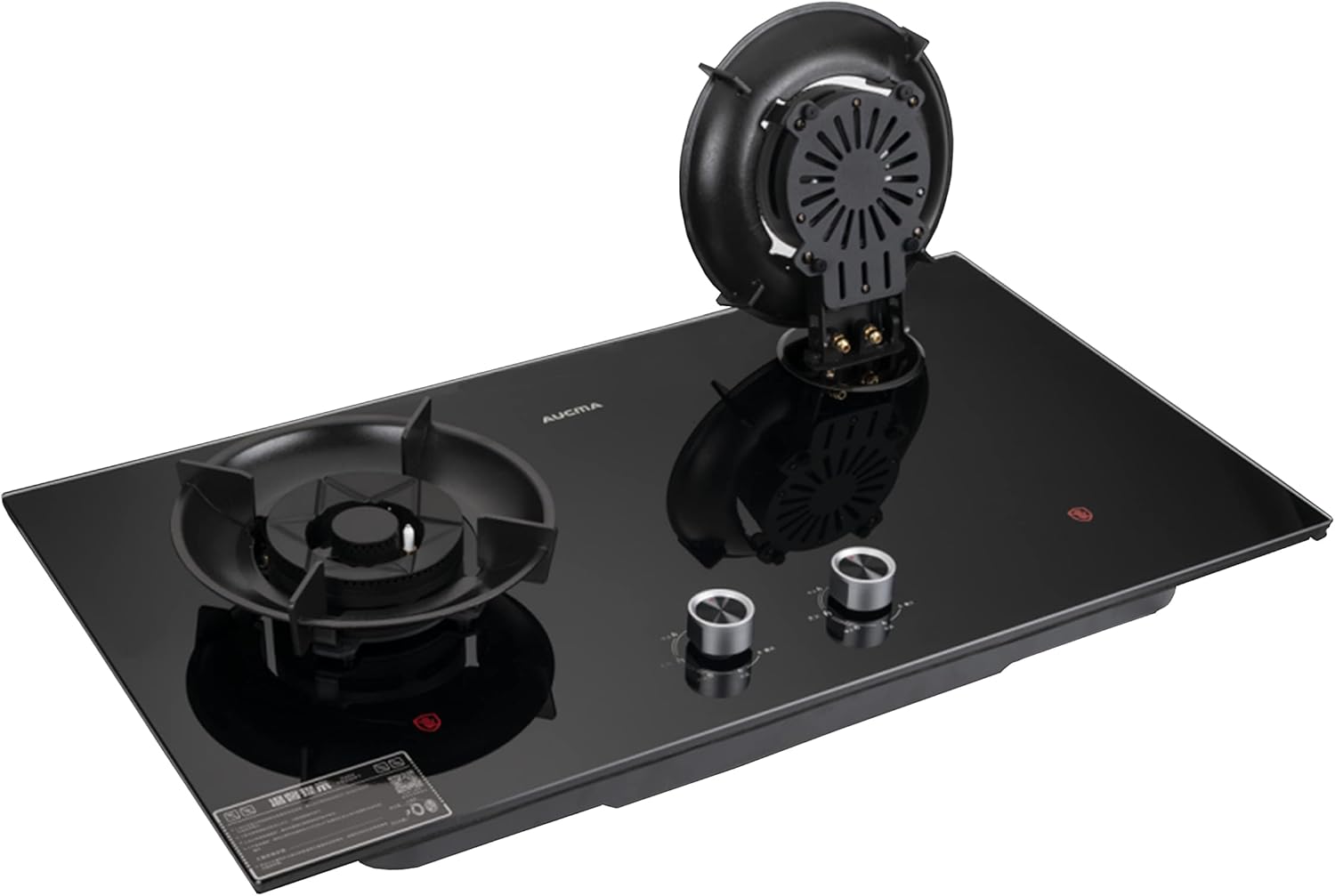 Aucma JZ-3Z102 Tempered Glass Cooktop, Black, Clamshell Design Aluminum Burners, Upper Air Inlet, 5 section regulation, Integrated Pan Support, 6KW Rated Heat Load, Red Dot Anti Scald Reminder