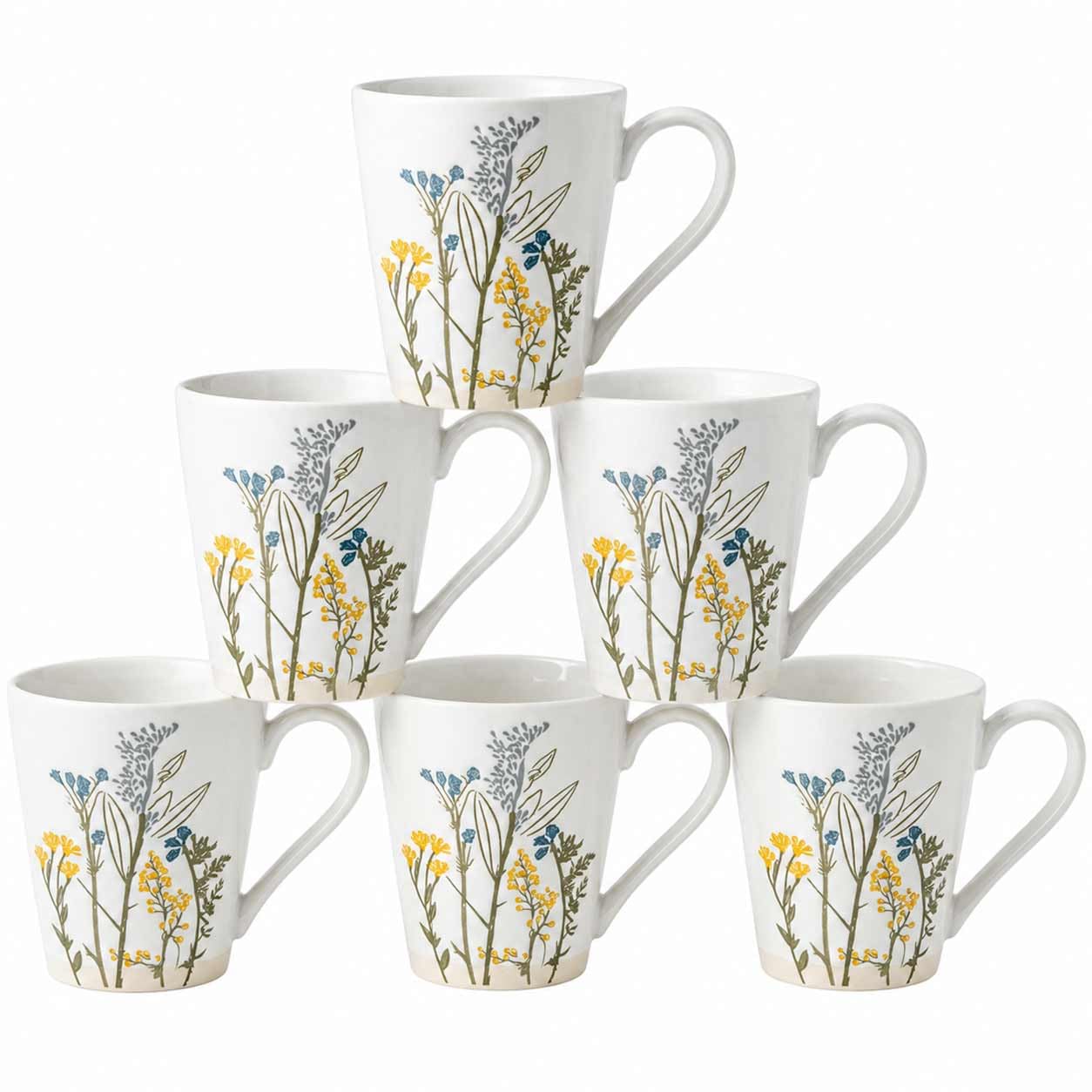AiXception Embossed Floral Ceramic Coffee Mug, White Boho Wildflower Porcelain Cup with Raised Relief Plant Pattern, 12 oz, Set of 6, 13x9x10.7cm