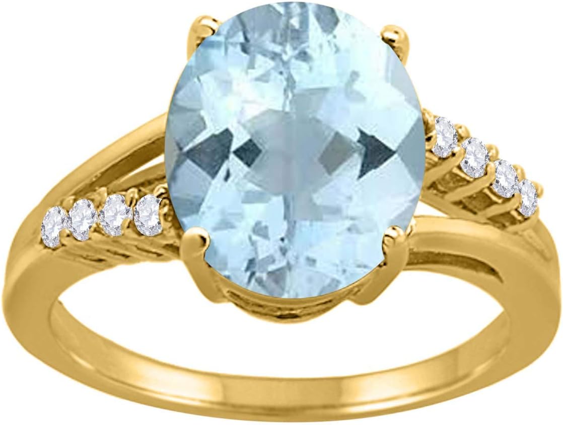 MauliJewels 3.3 Carat Oval Aquamarine and Diamond Ring for Women in 10K Yellow Gold, Birthstone Engagement Promise Anniversary Cocktail Jewelry