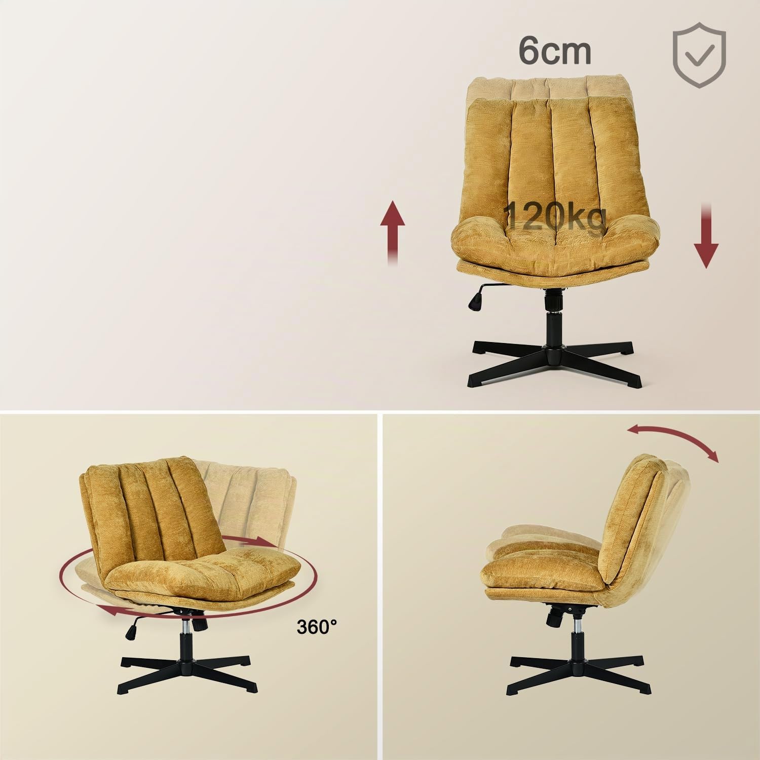 MEUBLE Cosy Silla de Oficina Giratoria 360° Función de Inclinación, Altura Ajustable, Acolchada con Espuma en Tela, para Escritorio Estudio, sin Ruedas, Amarillo
