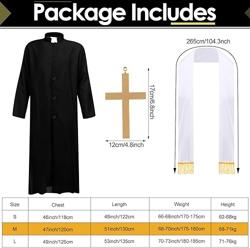Miniatura 2 de Bonuci 3 piezas de disfraz de sacerdote para hombres adultos, disfraz de sacerdote de Halloween con bata, estola blanca con borla, collar de cruz de