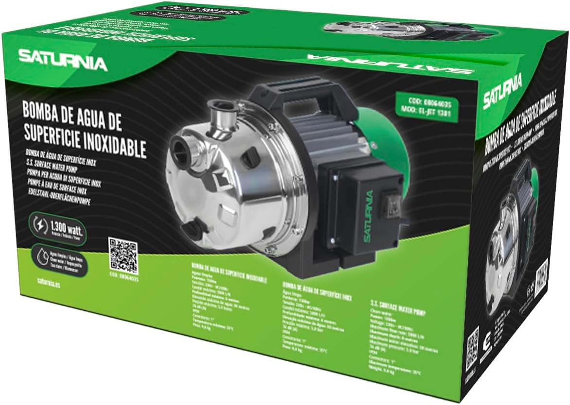 Clean Water Pump Stainless Steel Surface 1,300 W. 5,000 LTS/Hour, Depth 8 MTS Elevation 50 MTS. Max Pressure: 5 Bar