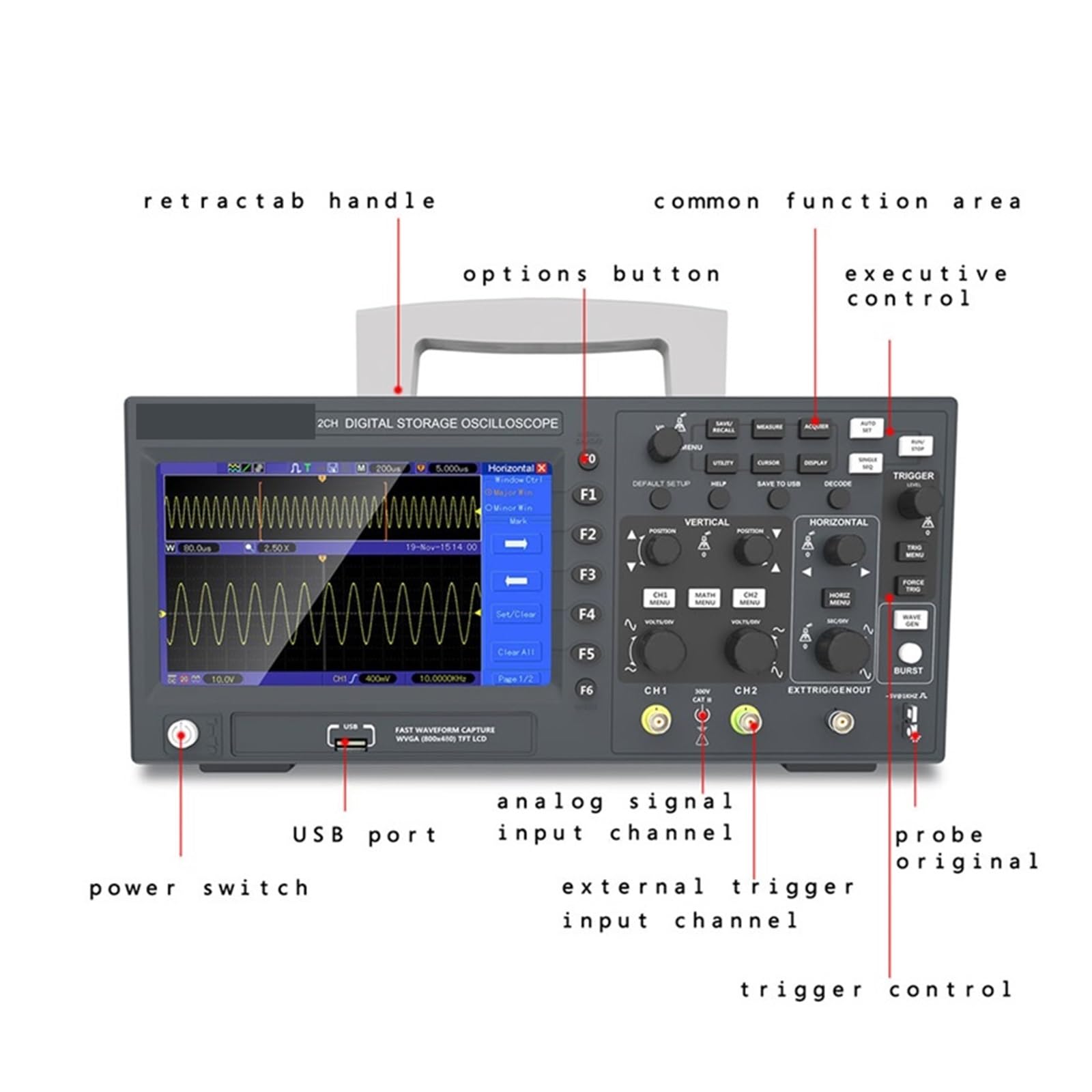 Oscilloscopio digitale 2C10 2D15 2D10 2C15 Generatore di segnale a 2 canali, 25 MHz; Risoluzione: 8 bit, frequenza di campionamento 1 GSa/S,Di lunga durata(C15)