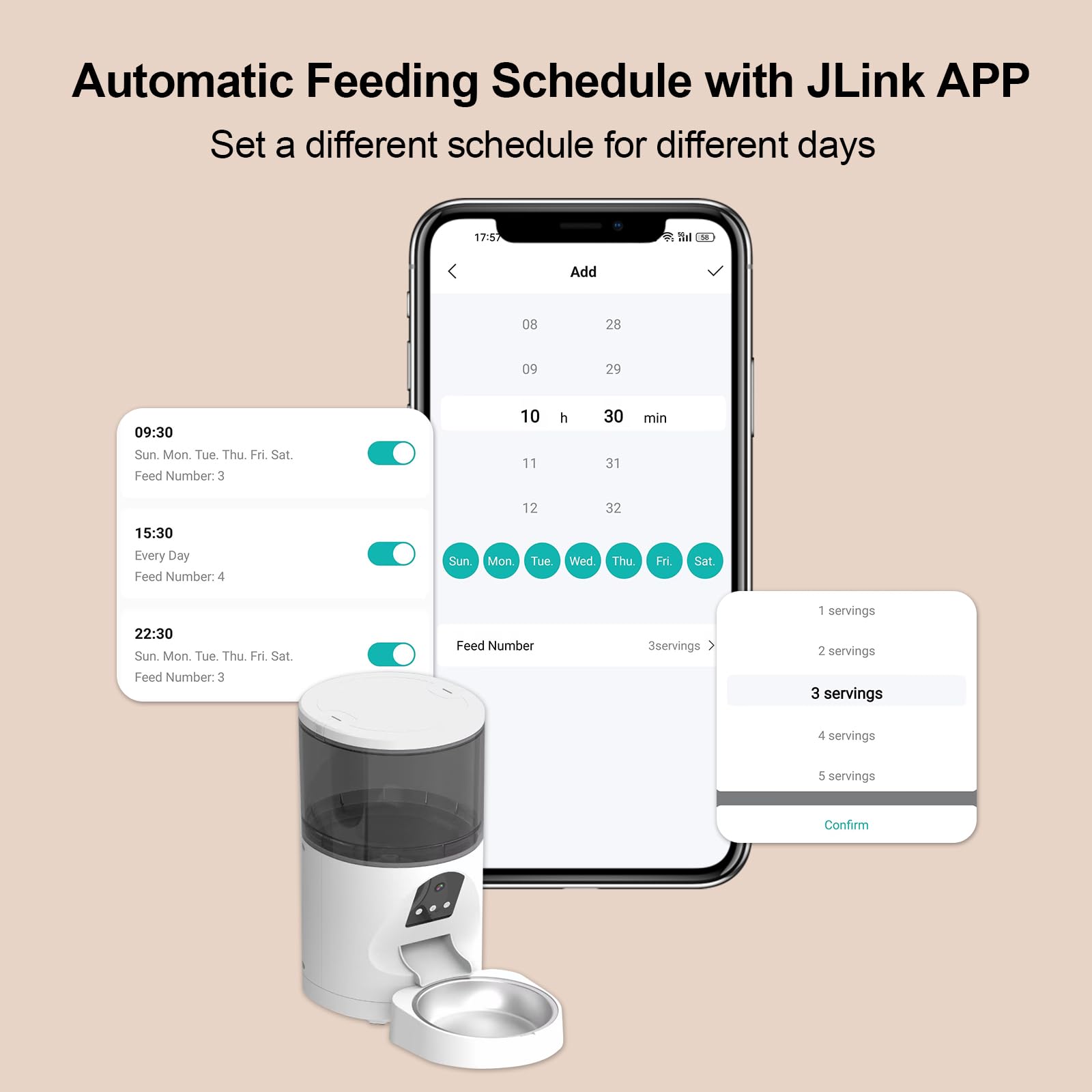 ANTELA Comedero Automático para Mascotas con Cámara HD 3MP, Personaliza Horarios y Porciones de Comida, Audio Bidireccional, Detección de Movimiento,VIsión Nocturna,Capacidad de 6L