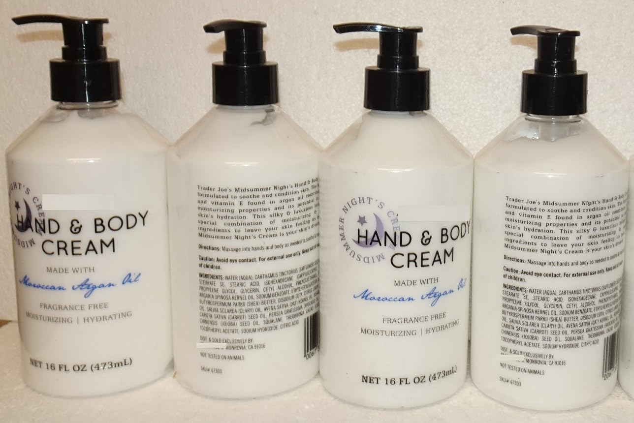 Trader Joe Hand & Body Cream Moroccan Argan Oil 16fl oz 473ml (Four Bottles)