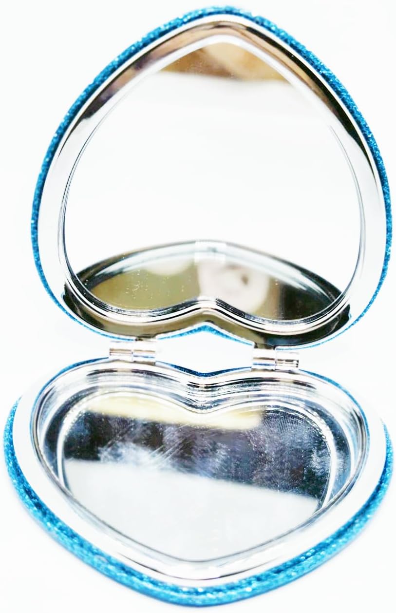 Cute Heart Shaped Compact Mirror for Purse,Blue Travel Mirror with Glitter,Leather Small Pocket Mirror,Portable 2 x 1x Magnification Folding Makeup Mirror,Cosmetic Mirror for Gift image 3