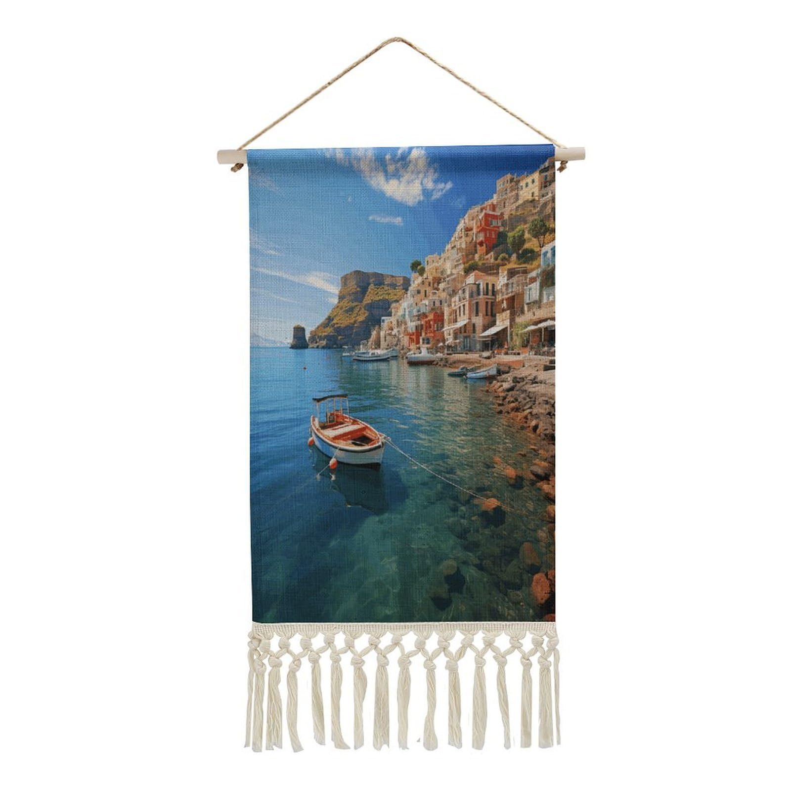 Adfgyerh Style Seaside Town Tapestry With Tassels Cotton And Linen Hanging Posters, Wall Art For Travel Gift, Wall Tapestry For Office Home Decor Bedroom Living Room Decor