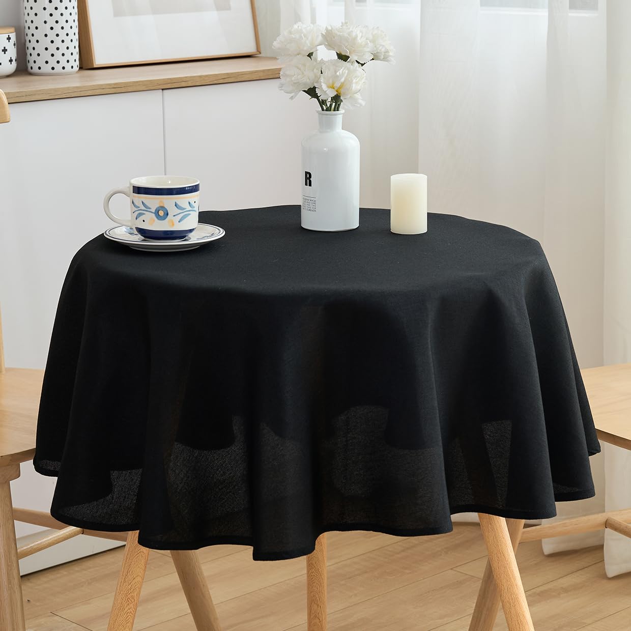 SPRICA Round Tablecloth 120cm Diameter Water Resistant Linen Texture Spill Proof Table Cover Solid Colour Circle Cover, Black