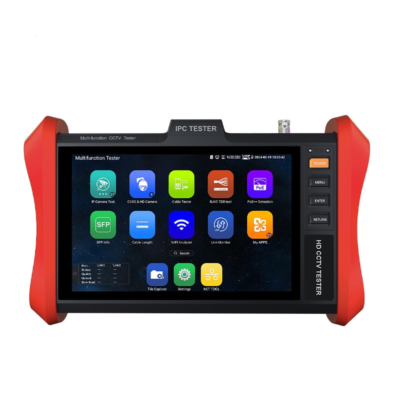 Tester kamer CCTV, Do HD 8" Tester CCTV IPC POE++ 90W SFP 4K Test kamery IP 8MP AHD/TVI/CVI Tester kamery CCTV i monitor z wejściem VGA(E89)