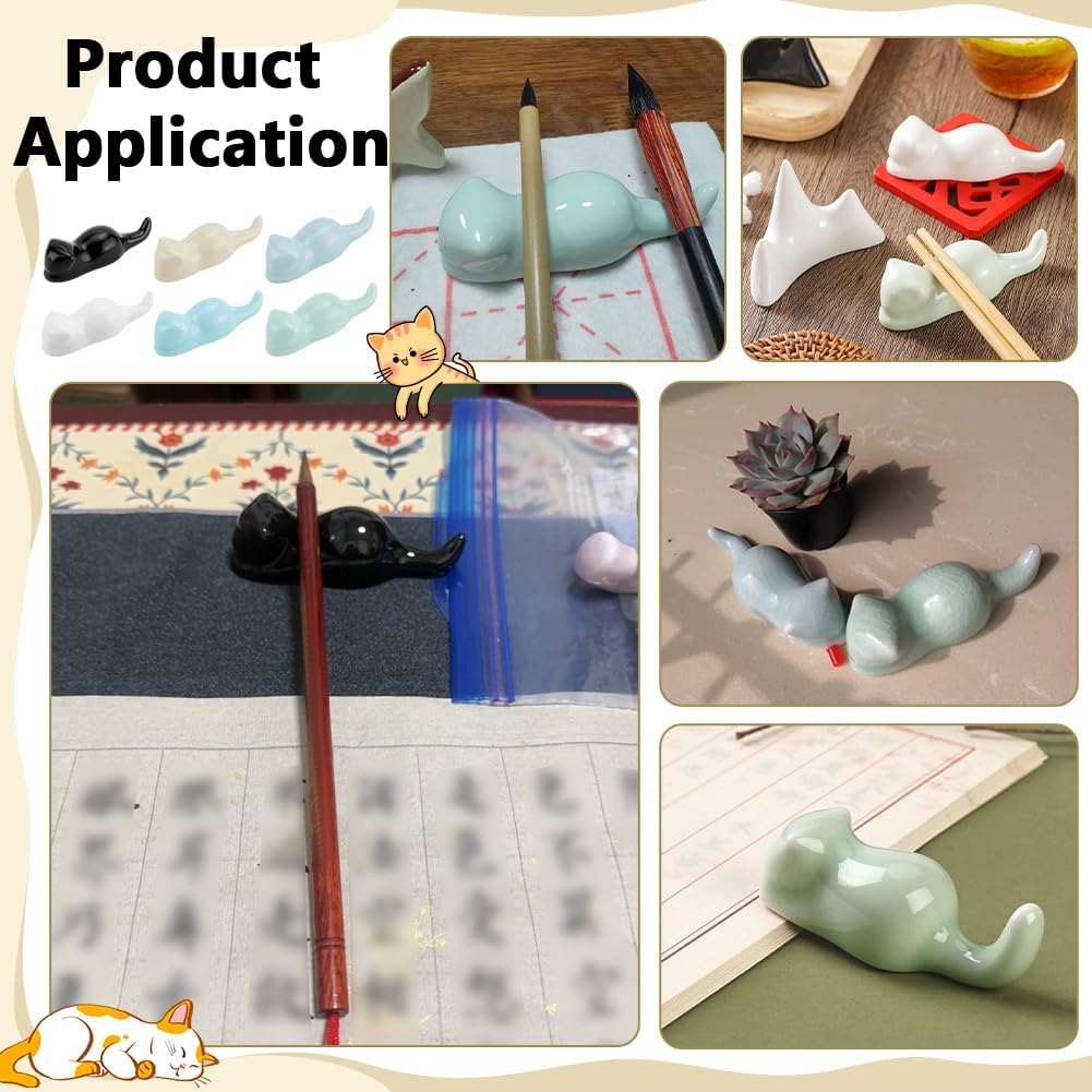 PH PandaHall 6PCS Cats Porcelain Brush Holder, 6 Colors Ceramic Pen Rest Holders Paint Brush Rest Stand for Calligraphy Painting and Art Supplies Colors Desk Organizer Ideal Gift, 1.29x3.7inch