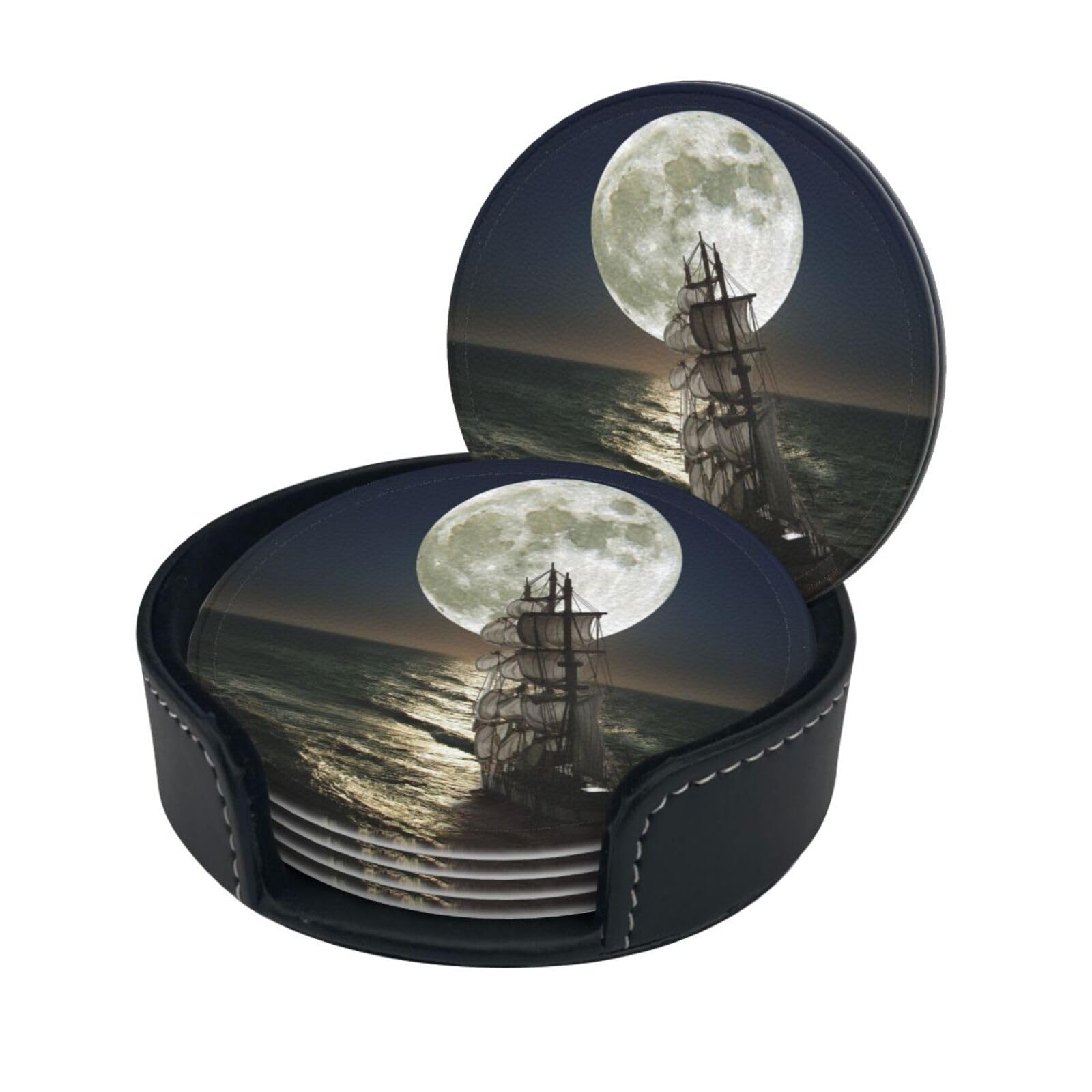 Sailing Ship In Storm Print Coasters For Drinks With Holder Set Of 6, Pu Leather Coasters Drink Coasters Cup Pad Mats