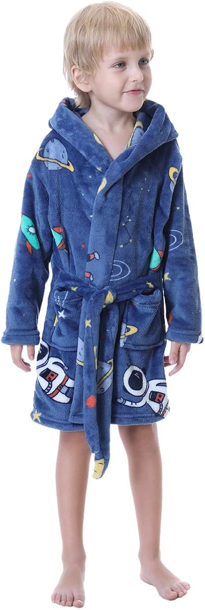 Betusline Boys Soft Fleece Hooded Bathrobe Robe, 12 Months - 12 Years: Clothing