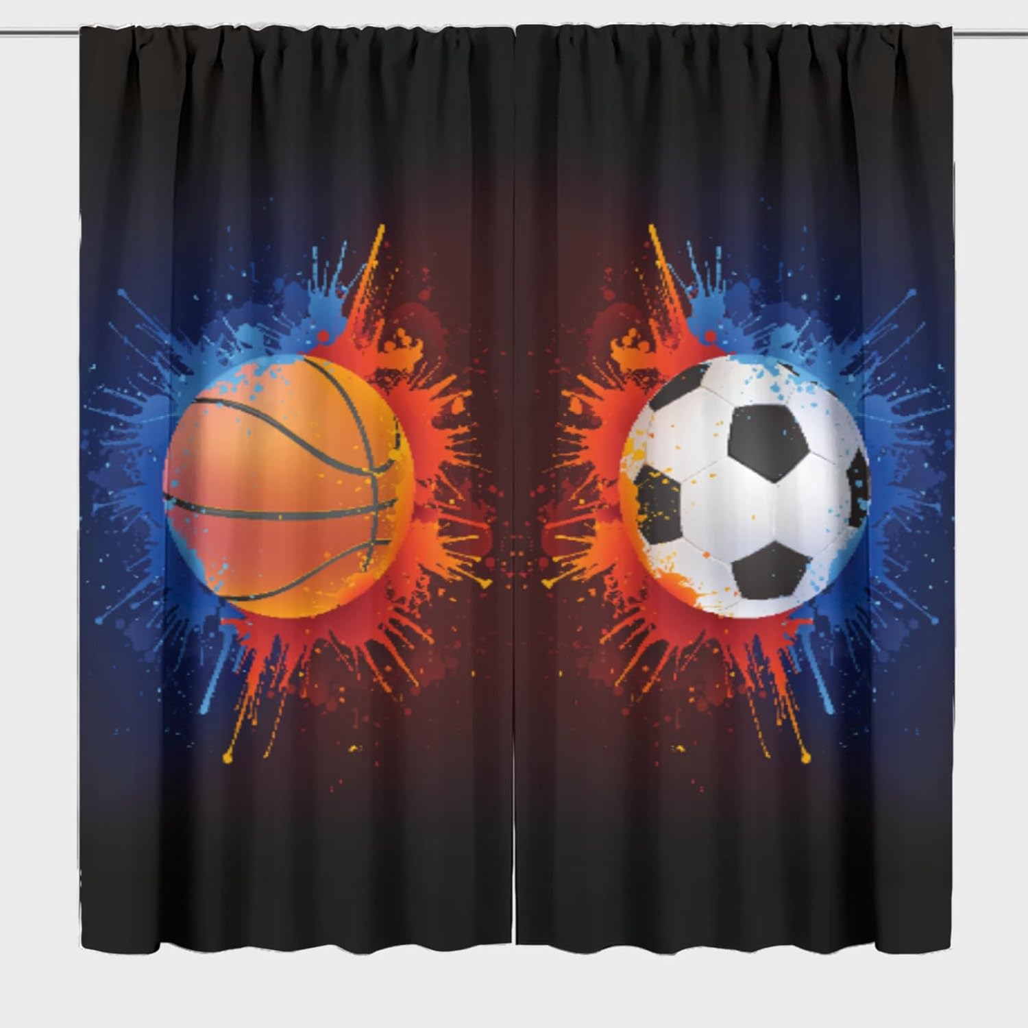 Basketball Soccer Ball Curtains W42 x L63 Inch Rod Pocket Sports Red Blue Paint Splash Art Window Drapes for Boys Bedroom Nursery Baby Playroom 2 Panels