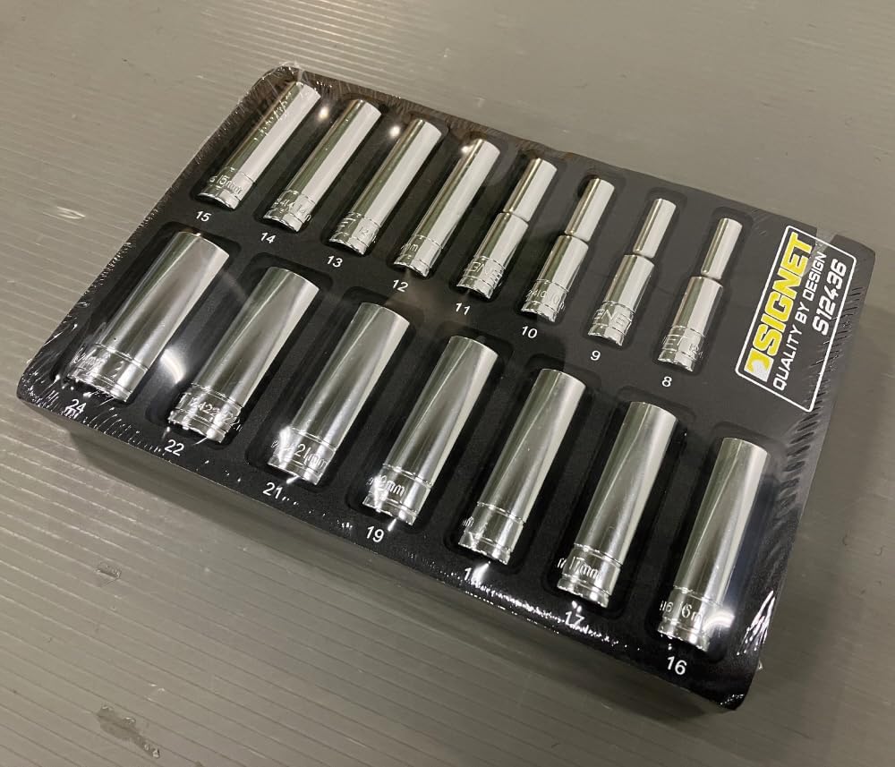 SIGNET 12436 3/8DR 15-Piece Mirror Finish Deep Socket Set Design Tray