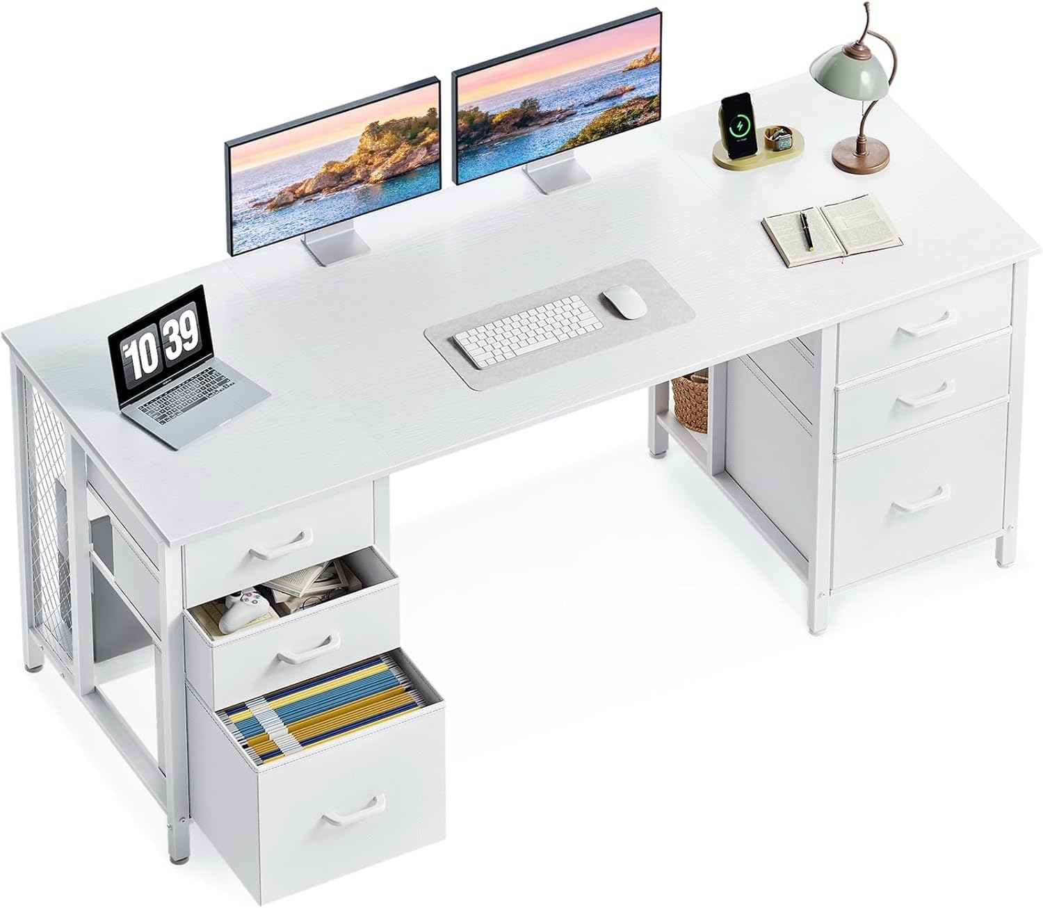 ODK 63 Inch Office Desk with 6 Fabric Drawers, Large Computer Desk for Home Office with Hidden Storage Shelves, White