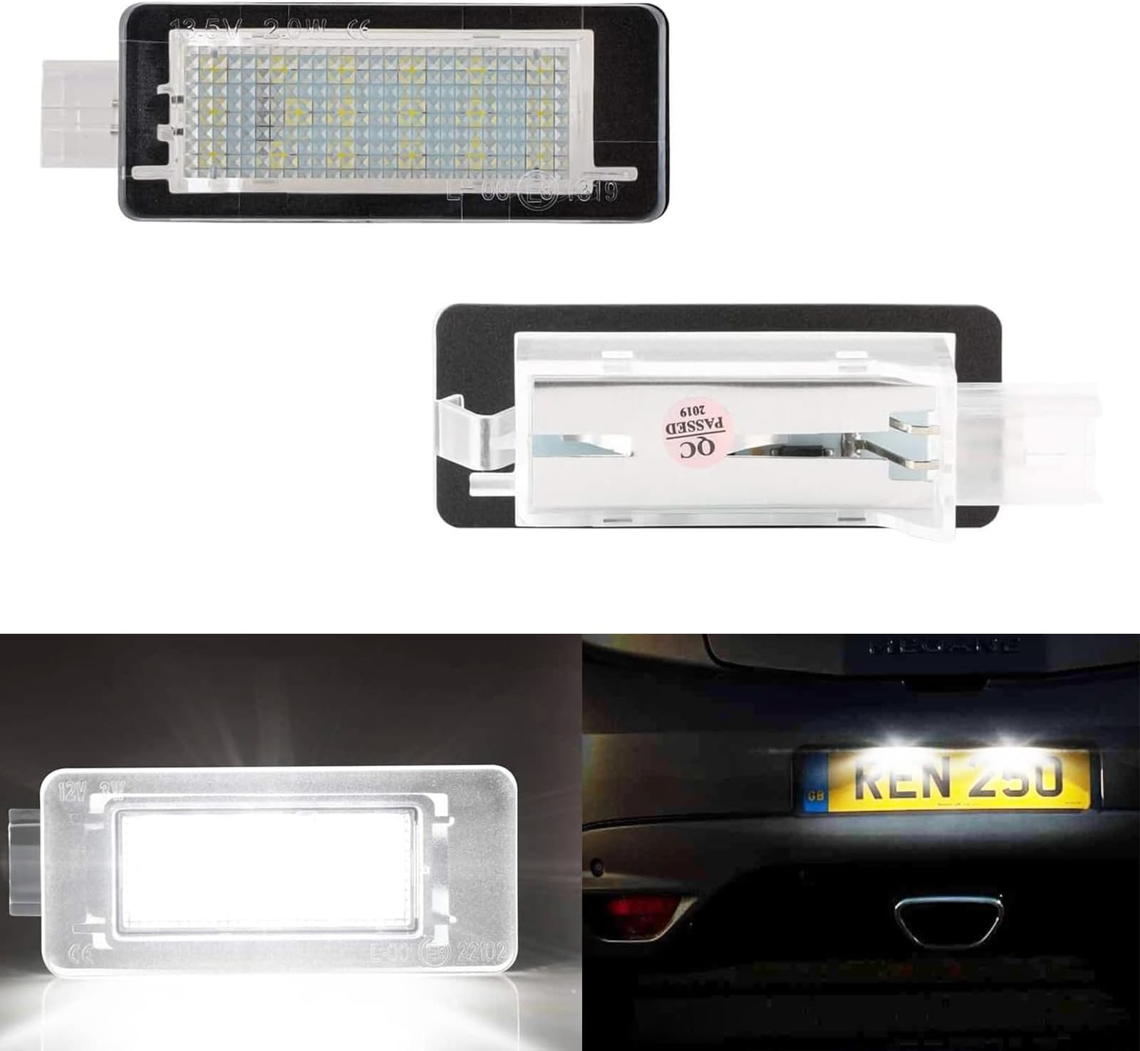 2pcs License Number Plate Lights Compatible with Renault Espace Scenic Laguna Fluence Captur Modus FL Dacia Duster Lodgy Logan MCV,18 LED Error Free