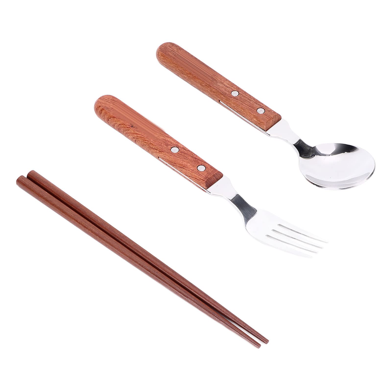 Set di 12 posate in acciaio inox con manici in legno per 4 persone, composto da cucchiai, forchette e bacchette, ideale per barbecue e campeggio