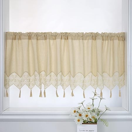 Tassel Valances for Windows Modern Farmhouse Cotton Linen Valance Kitchen Curtains Country Window Treatments Curtain for Bathroom Bedroom Decors Green
