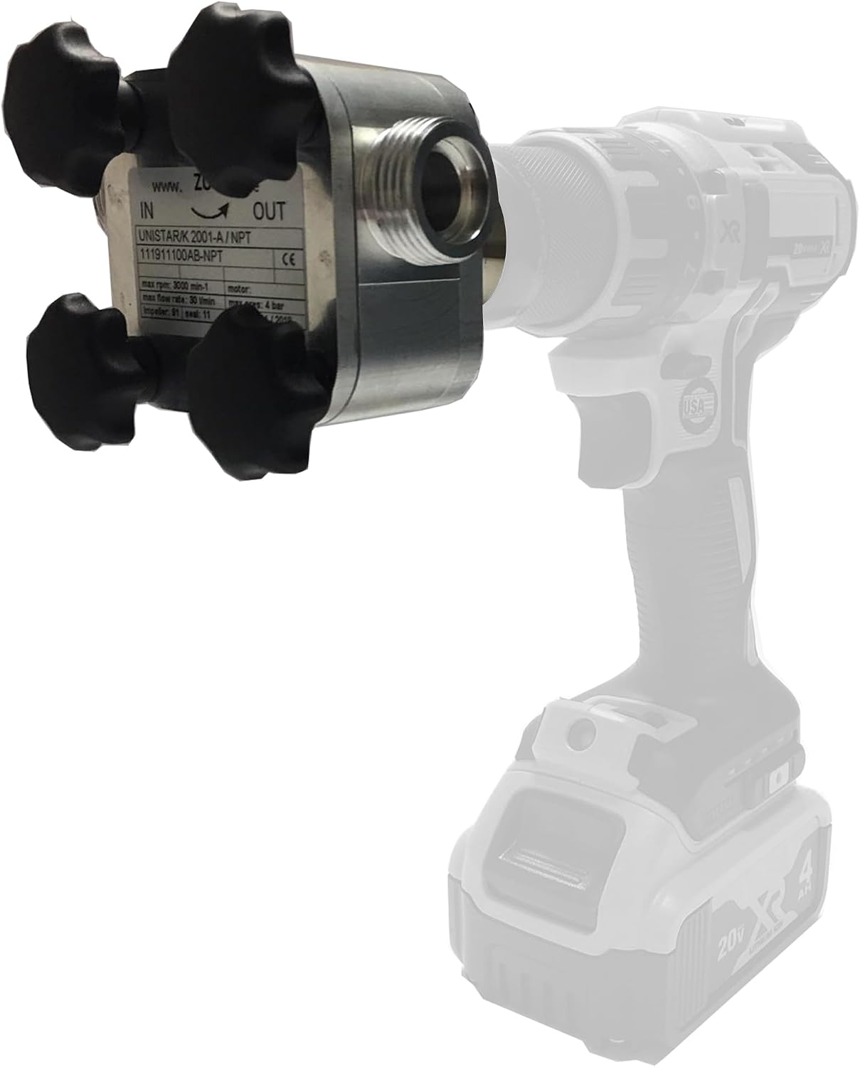 Unistar 2001-A, Drill Powered Pump - Self-Priming, Portable Fluid Transfer Pump for Water, Oil, Diesel, Liquid, Grease, & More - 8 GPM, 58 PSI, For Electric & Cordless Drills, Drill Not Included