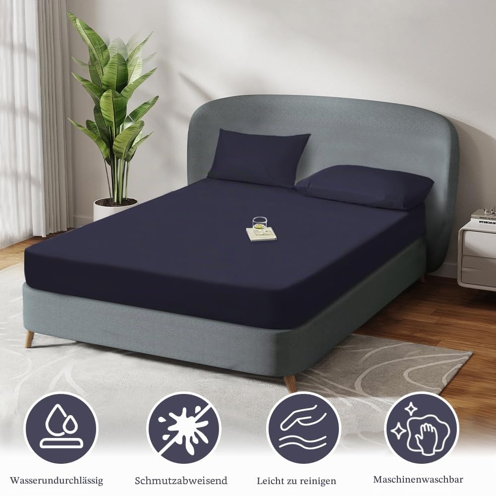 DUJUIKE Matratzenschoner Wasserdicht, Spannbettlaken Wasserdicht, Atmungsaktiv Matratzenbezug, Feuchtigkeitsdichtes Spannbettlaken für Matratzen mit Einer Höhe von 20-40 cm (Navy blau, 90 x 200 cm)