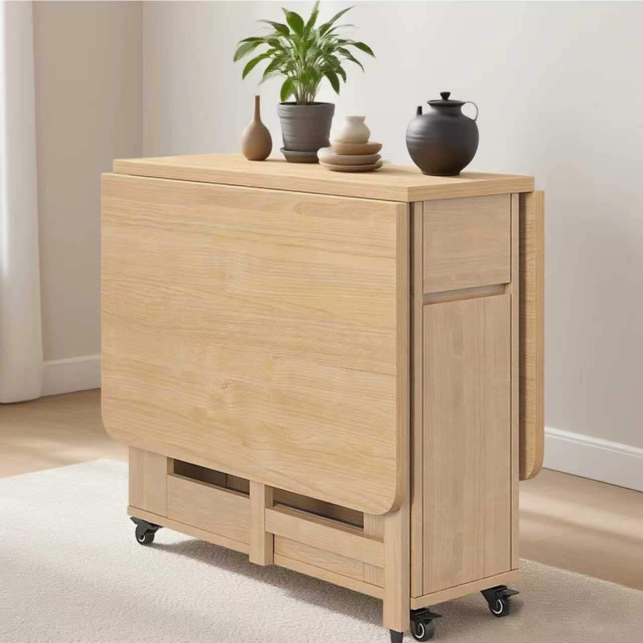 Tavolo da pranzo allungabile, tavolo da cucina pieghevole in legno massello, cassetti e rotelle, design mobile per un facile utilizzo, perfetto per piccoli spazi, 6-8 posti