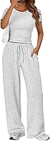 Trendy Queen Women's 2 Piece Summer Sweatsuit Set: Wide Leg Pants & Side Ruching Crop Top Lounge Outfit