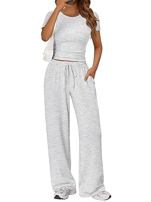 Trendy Queen 2 Piece Matching Summer Sweatsuit Lounge Set Womens Wide Leg Pants Side Ruching Crop Top Sets