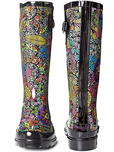 SheSole Waterproof Garden Shoes Rubber Rain Boots for Women Mid Calf Tall Galoshes Wellies Floral Printed Black US Size 7 - Thumbnail 4