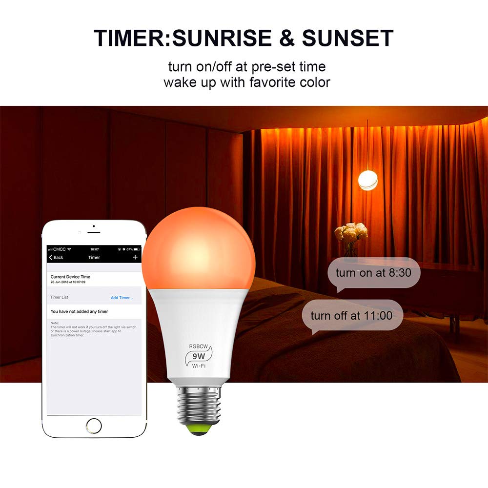 Bombilla inteligente Wifi Alexa E27, funciona con Alexa y Goole Home, no requiere concentrador (9W regulable, color RGB blanco 2700K-6500K, WiFi de 2.4GHz) (paquete de 4)