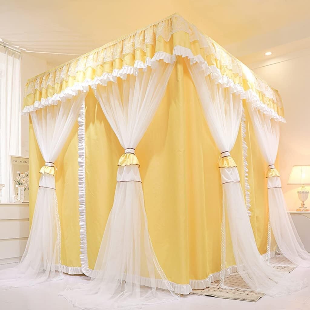 Princess 4 Corner Post Bed Canopy for Girls, Double Layer Mosquito Net, Solid Color Cozy Drape for Full/Queen/King Size Bed, 3 Opening Design(Khaki)