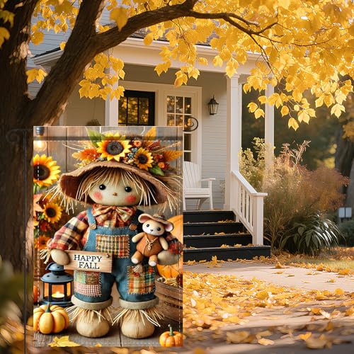 Image of Nuxovilar 12x18 inch Scarecrow Bear Fall Garden Flag | Double-sided scarecrow and bear holiday flag for home outdoor porch decor.