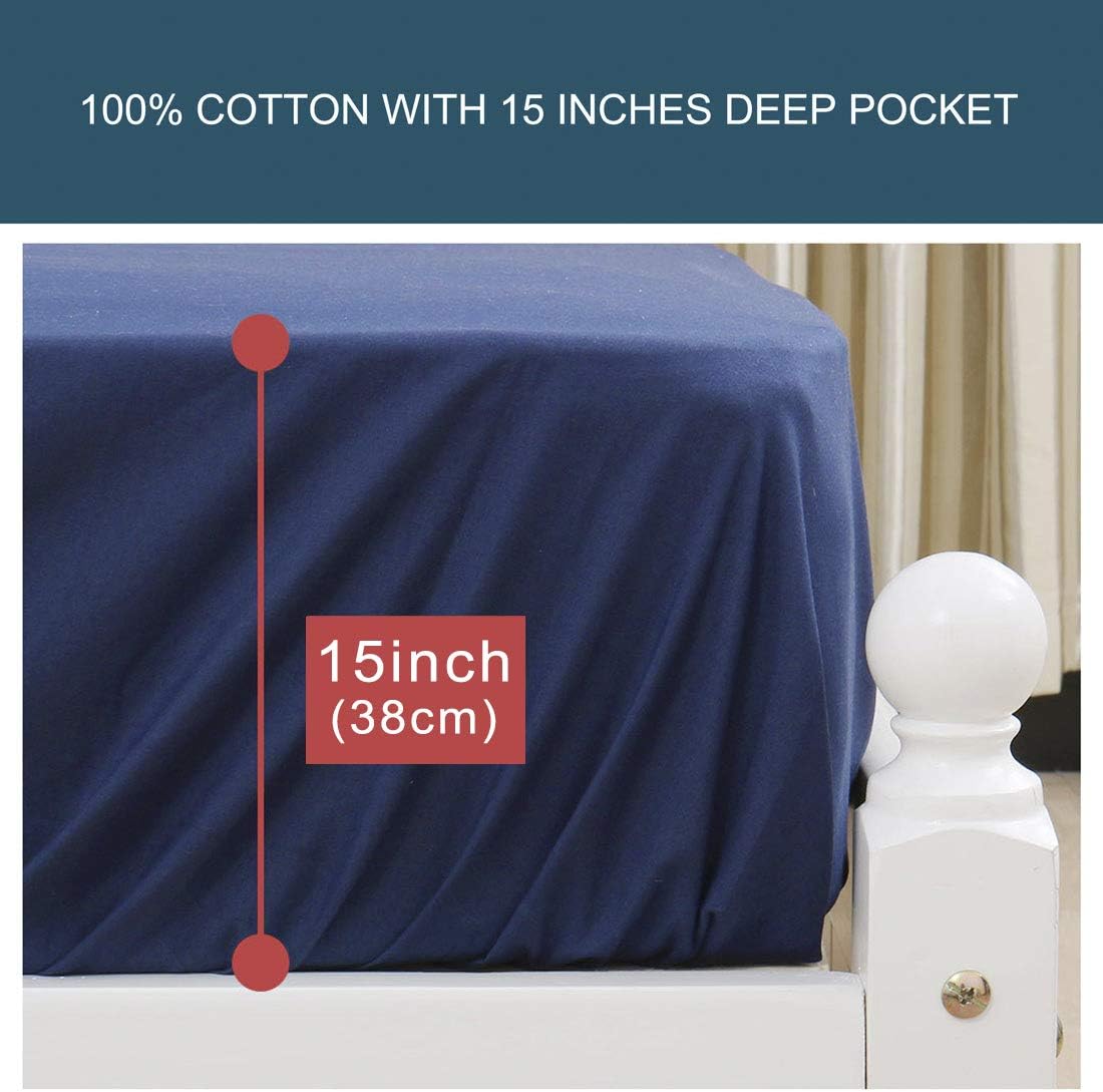 uxcell Fitted Sheet Only, 200 Thread Count 100% Cotton Fitted Bed Sheet with 15" Large Pocket - Breathable Durable Bottom Sheet Navy Blue Queen(79" x 59"/203 x 152cm)
