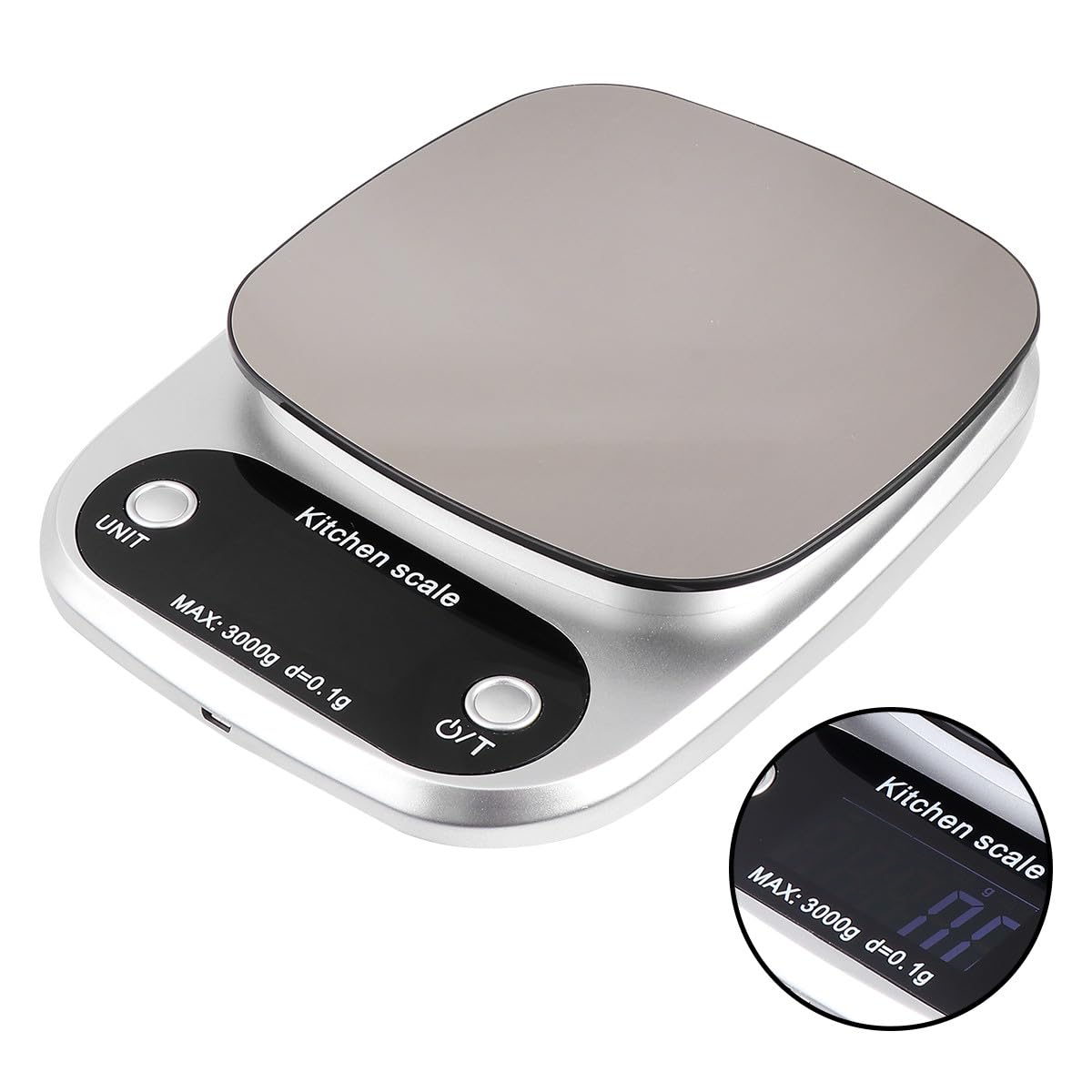 FOMIYES Báscula y Precisión de 0,1 de Acero Inoxidable de Cocina Recargable Capacidad de 3 Kg Portátil y Adecuado para Uso en Cocina