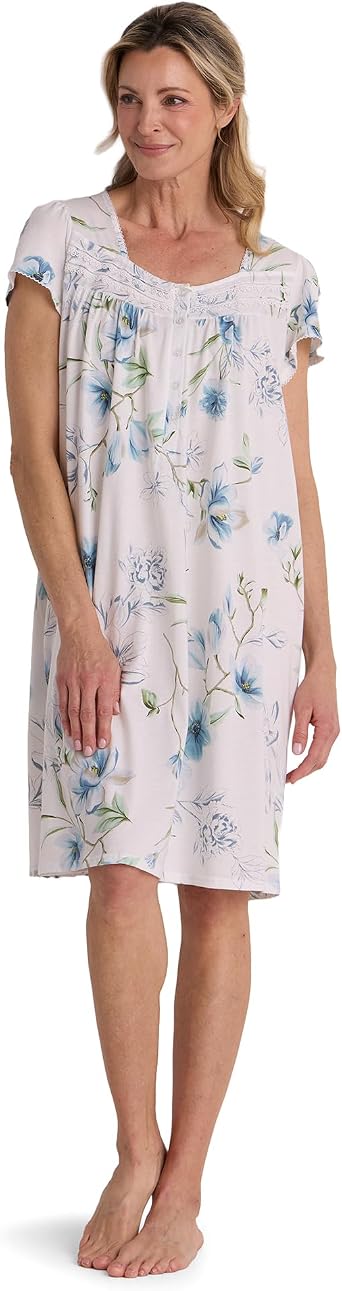 Miss Elaine Womens Nightgown, Silky Fitted Short Gown, Vintage Style, Silkyknit Fabric, Sleepwear