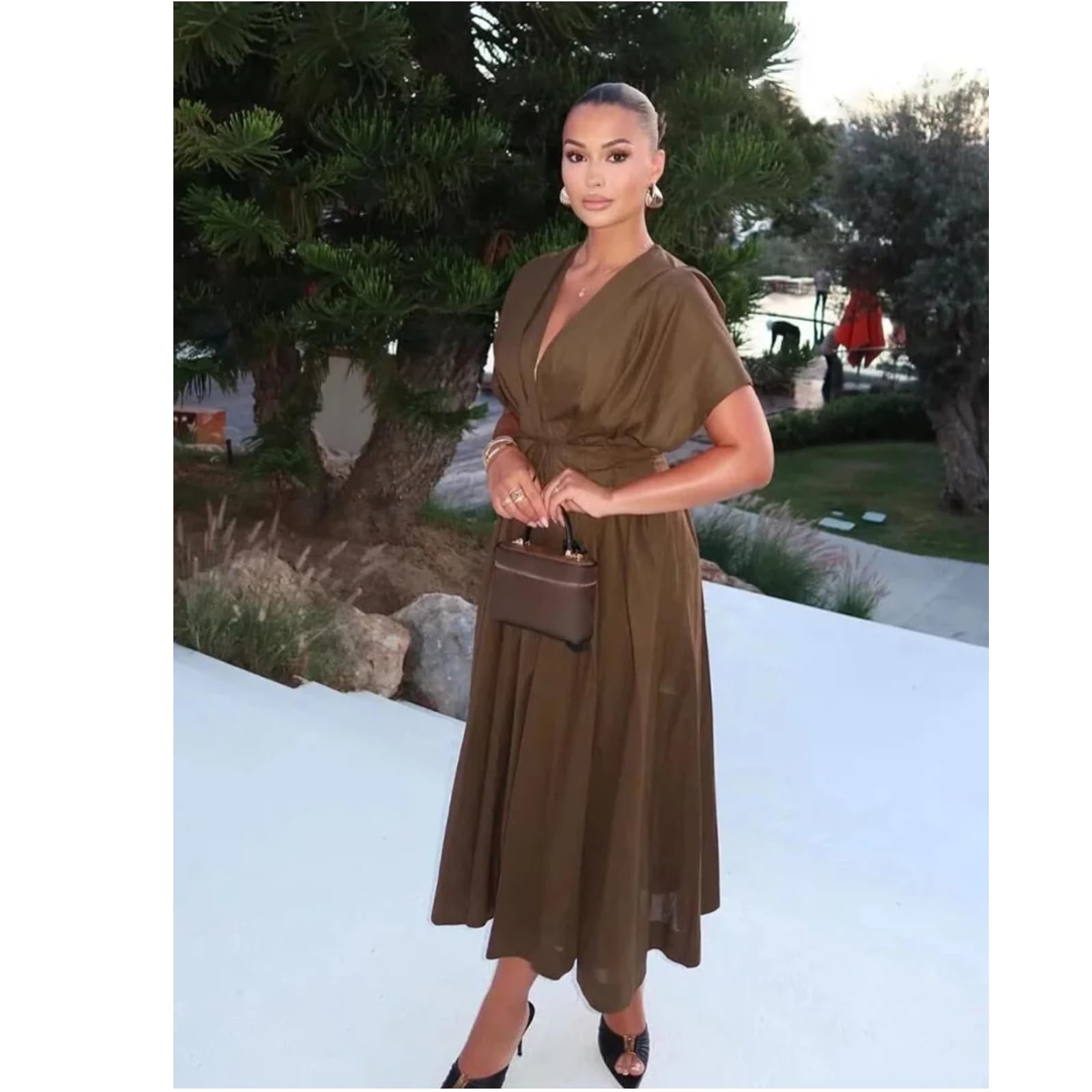 Vestido Plisado de Mujer de Verano con Escote en V y Manga Corta Vestido Elegante y Ajustado de Playa
