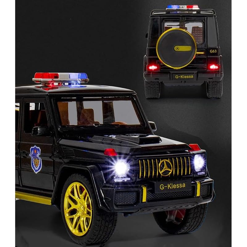 Image of New 1:24 G Wagon Police Jeep Diecast Alloy Metal Pull Back Car with Openable Doors Music Sound and Light Vehicle Toy Car for Kids Boys (Black)