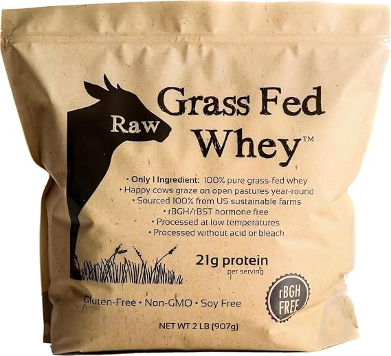 Raw Grass Fed Whey Protein Powder Unflavored, Only 1 Ingredient: Grass-Fed Whey from Happy, Healthy Cows Undenatured, Non-GMO, Hormone-Free, Gluten-Free, Made in USA, 2LB