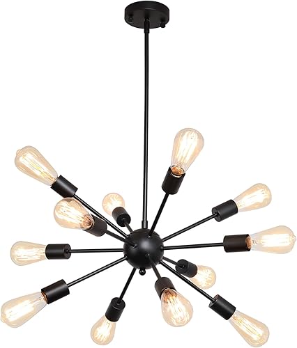 Miniatura 8 de Sputnik Candelabros negros, modernos de 12 luces de granja, iluminación de mediados de siglo, estilo vintage, industrial para colgar en el techo,