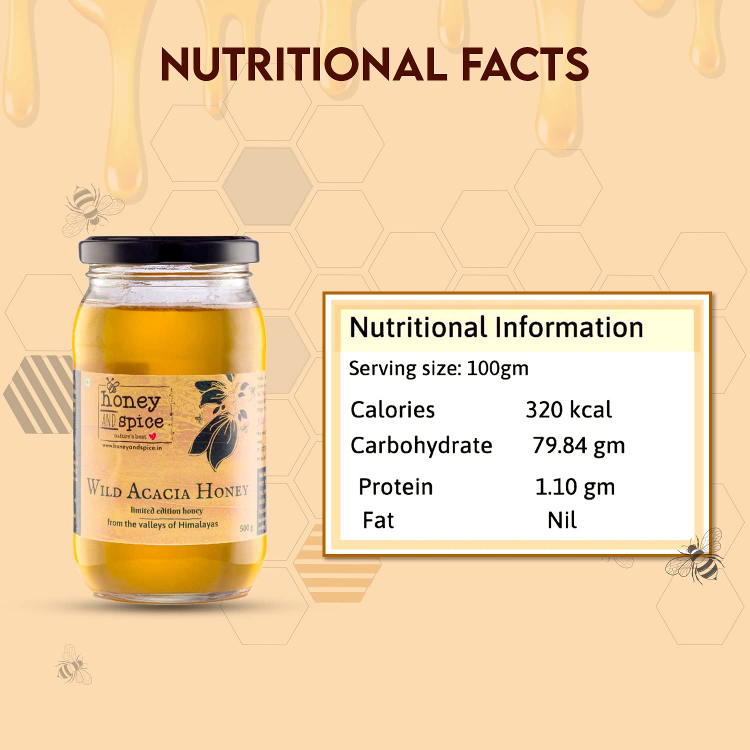 Honey and Spice Wild Acacia Honey from the Valleys of Himalayas with No Added Sugar & Preservatives 500 Gm