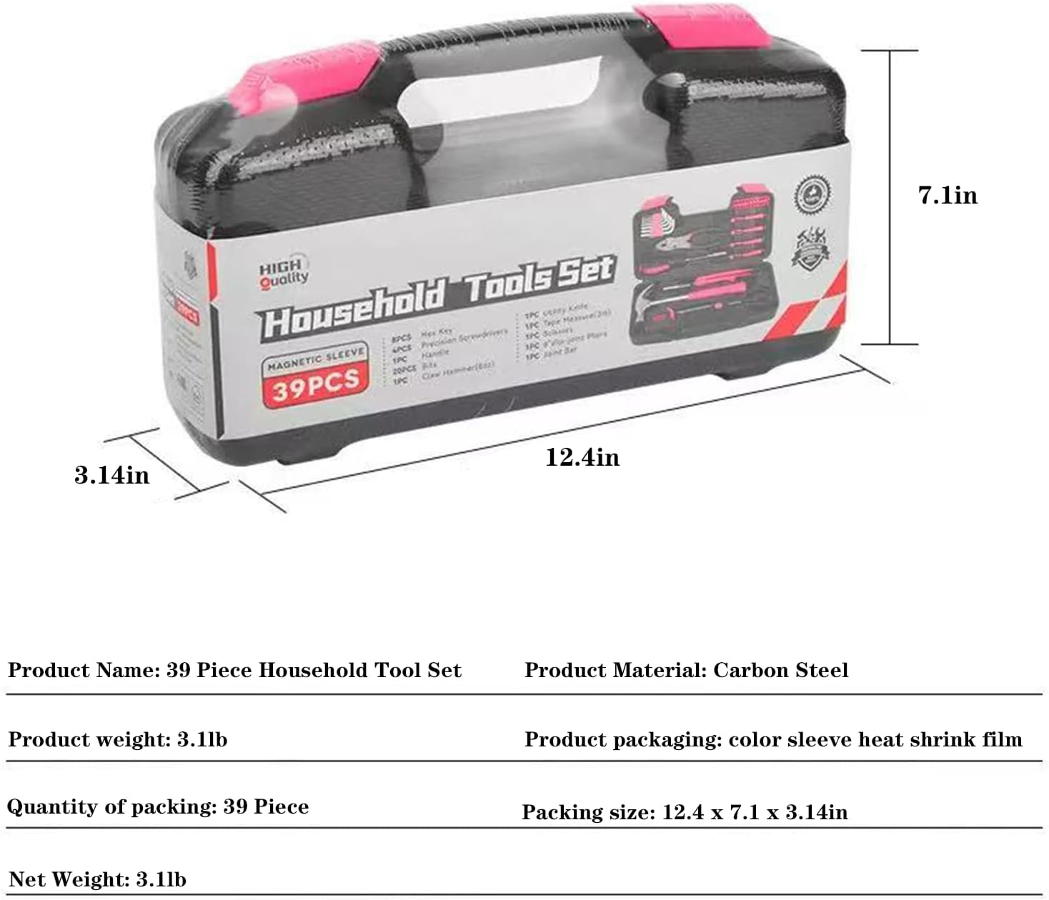 39 Pcs All Purpose Basic Household Pink Tool Kit for Women - Small Tool Set with Toolbox Great for Home, Garage, Office and College Dormitory Use
