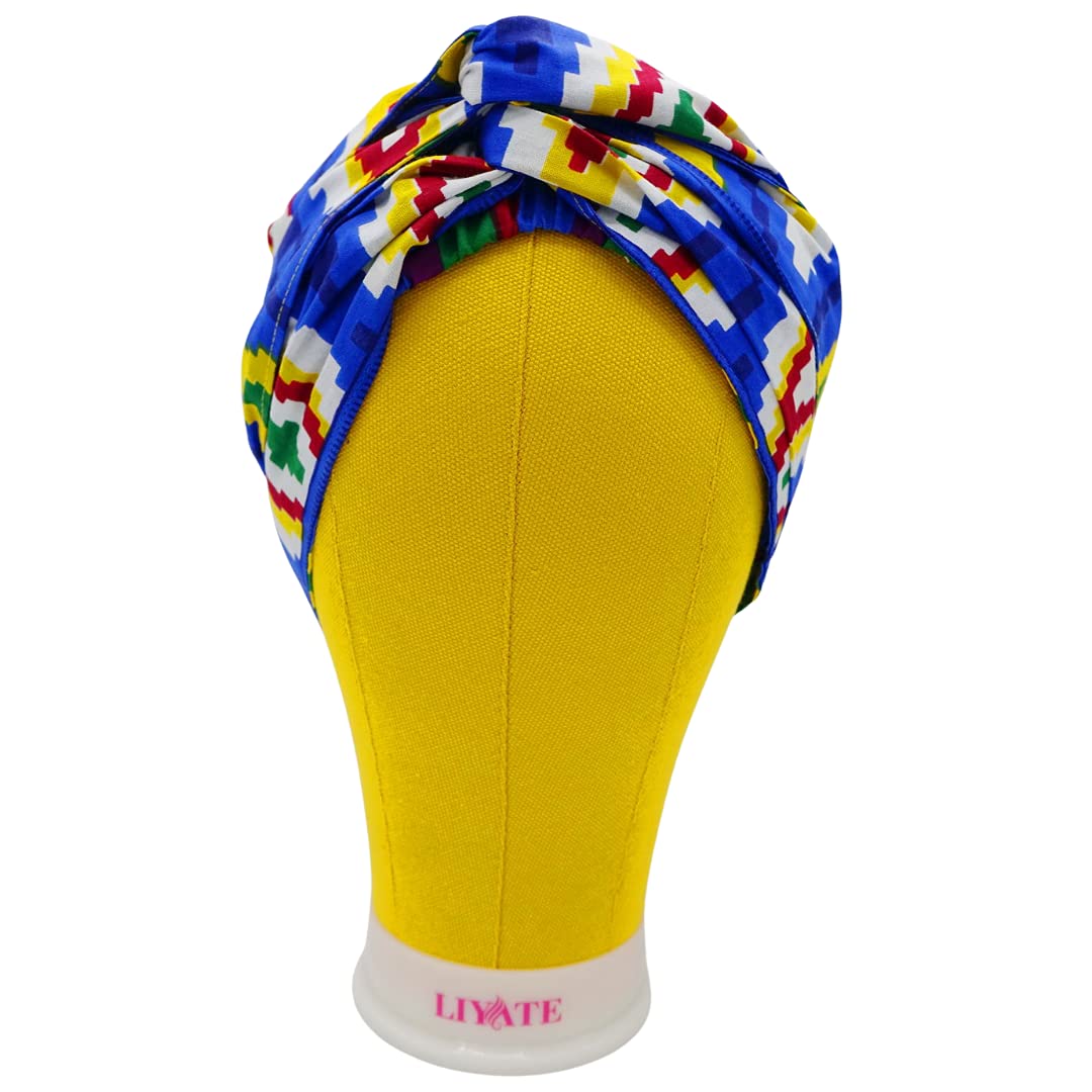 Shop Asali's Satin Lined African Print Bonnet Head Wrap Geometric Shapes Kente with Blue, Red, Yellow, White and Green Colors in the Fabric Pattern
