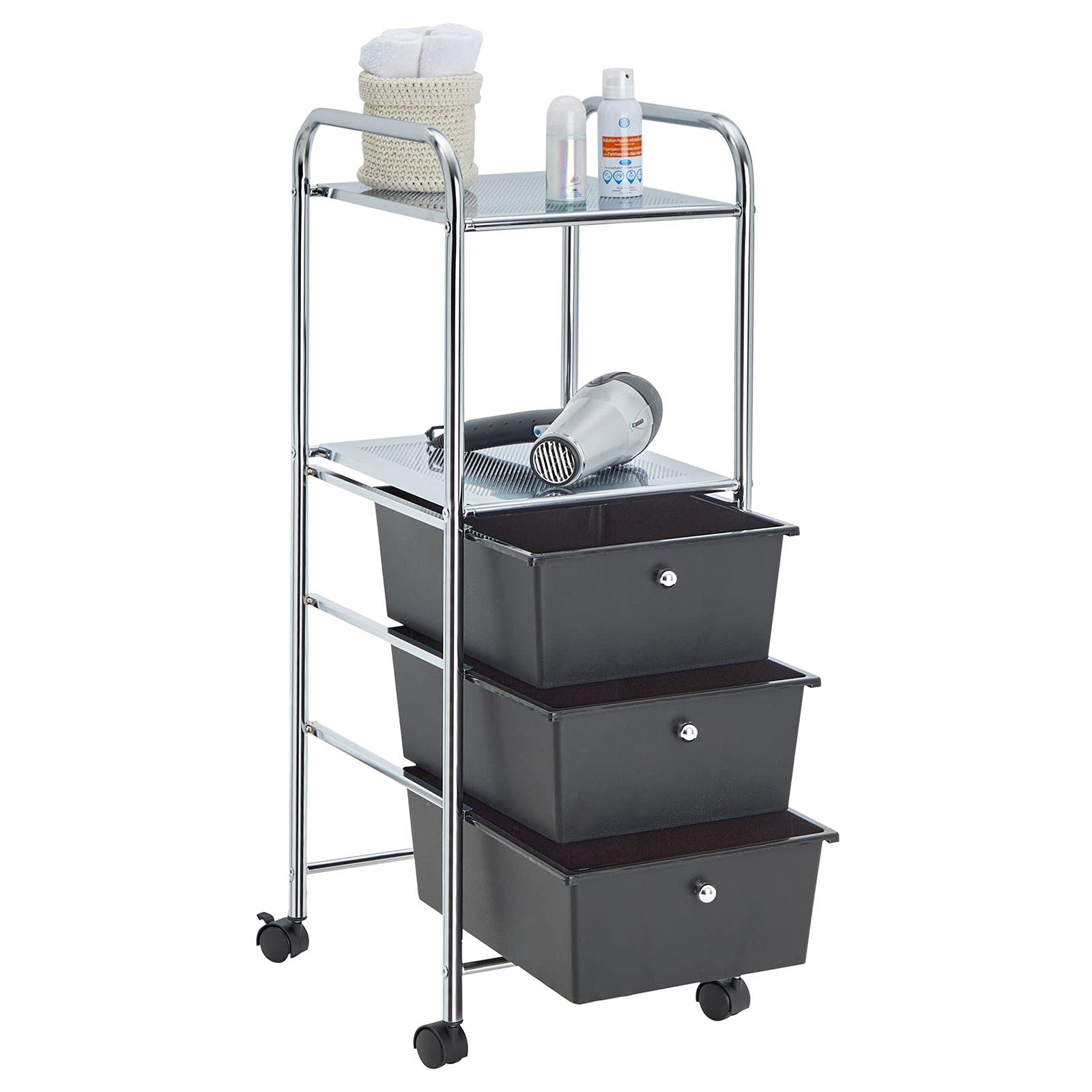IDIMEX Caisson sur roulettes GINA Chariot avec 3 tiroirs en Plastique Noir et 2 étagères, Meuble de Rangement pour Salle de Bain en métal chromé