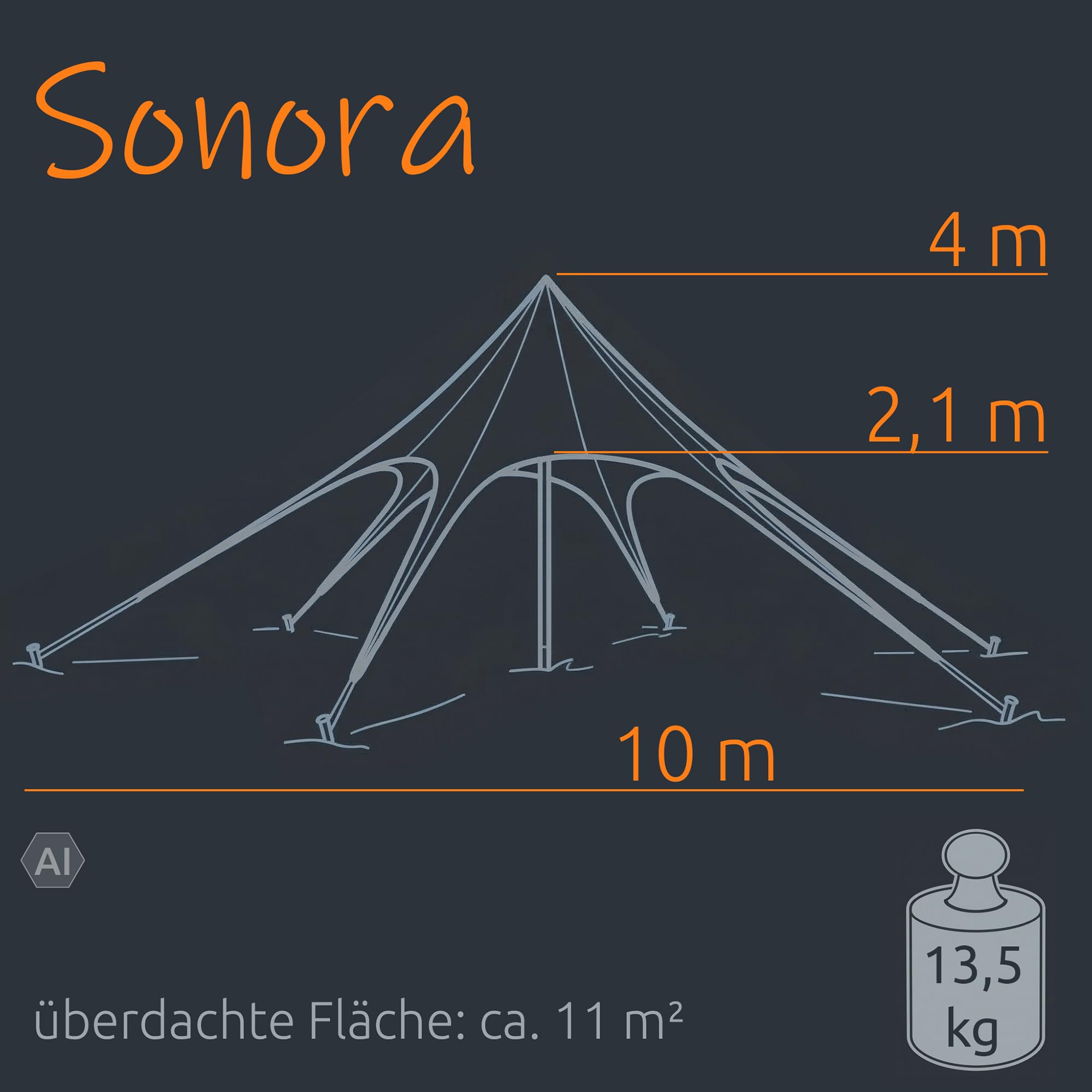 your GEAR Sonora PES – Carpa de estrella Ø 10 x 4 m UV 50+ Carpa impermeable sombrilla parasol