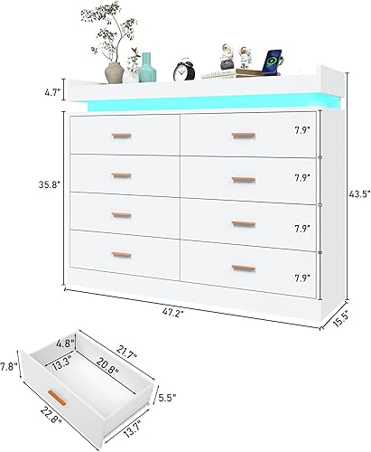 Miniatura 2 de Cómoda de 8 cajones con luz LED y estación de carga, cómoda moderna para armario, armario organizador de cajones anchos para dormitorio, sala de