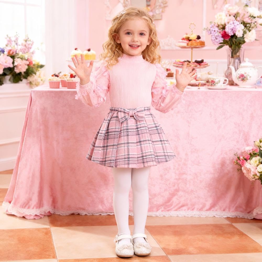 Toddler Girls Plaid Outfits Skirt Set Girl Fall Winter Clothes Puff Sleeve Knit Ribbed Sweatshirt Tops Plaid Skirt Set - Image 3